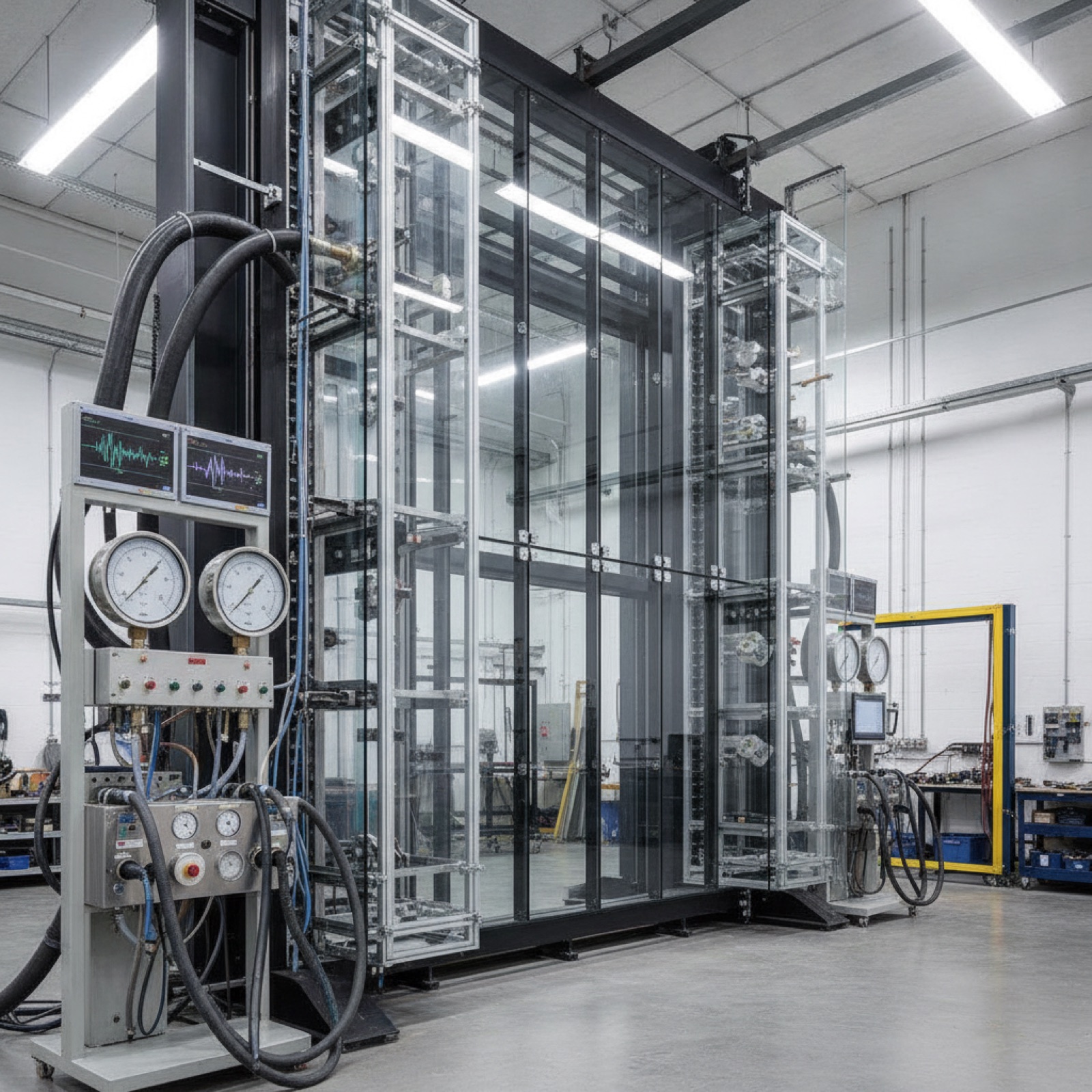 Laboratory pressure-testing rig with measurement equipment and sealed mock-up assembly