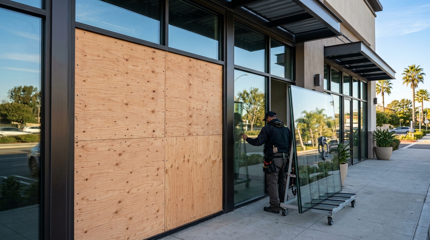 Modern commercial storefront with emergency plywood board-up. A glazier prepares a new glass panel for permanent replacement.