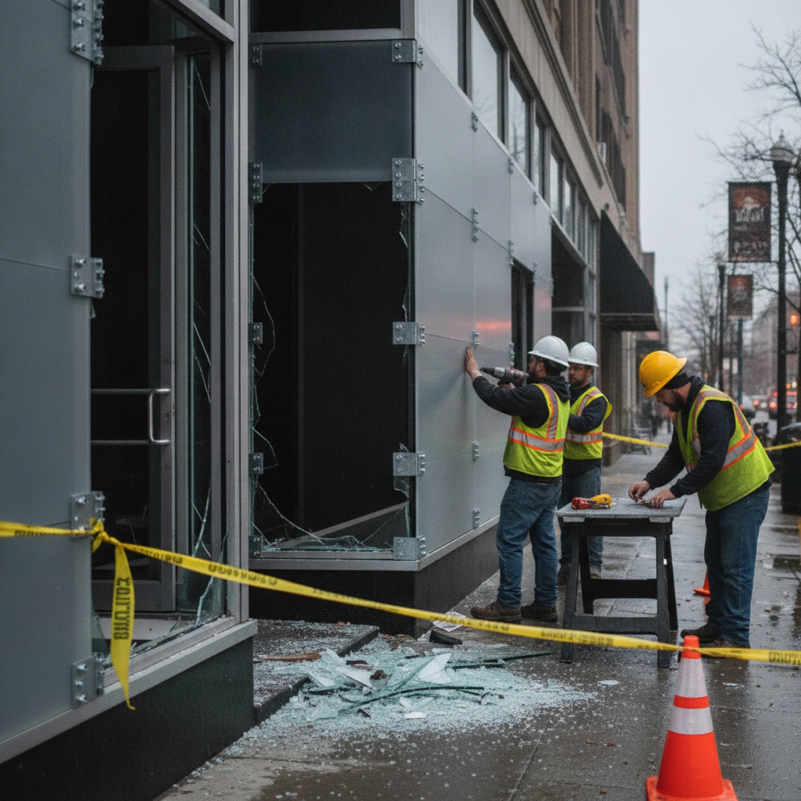 Emergency plywood board-up securing broken commercial storefront opening