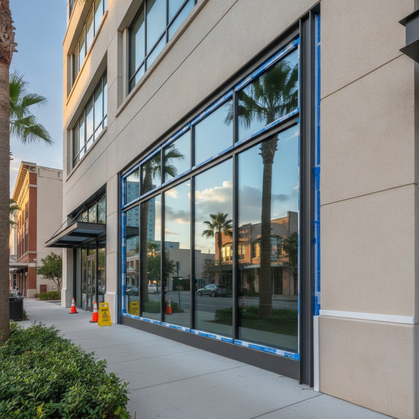 Completed emergency glass replacement in commercial storefront with protective measures