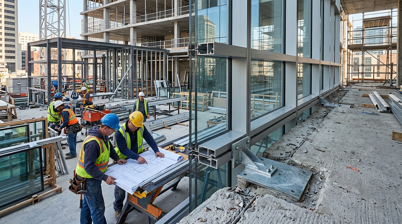 Construction workers examining a curtain wall perimeter joint and embed plate on a commercial building site, highlighting