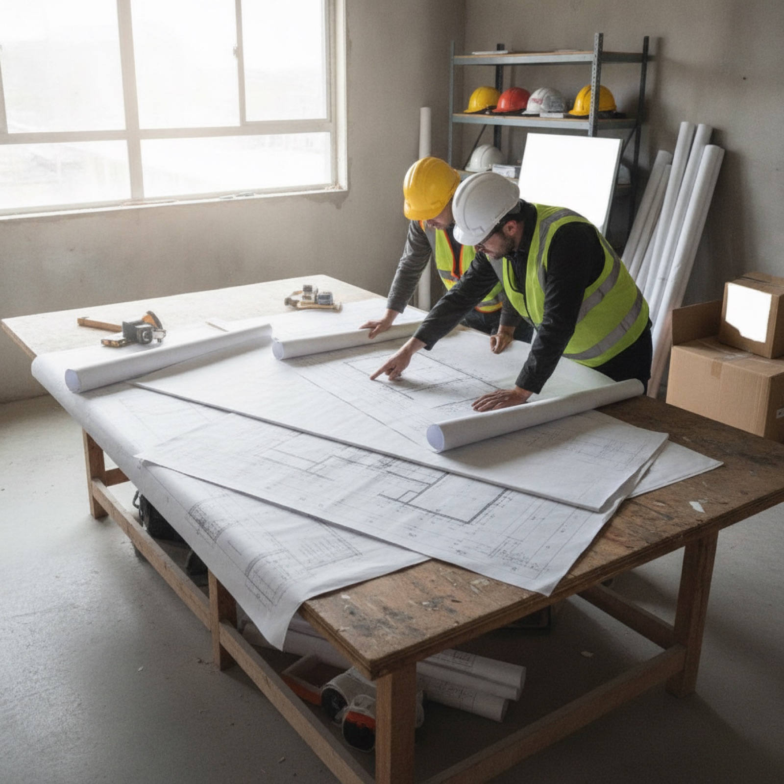 Construction team reviewing detailed shop drawings and specifications for glazing work