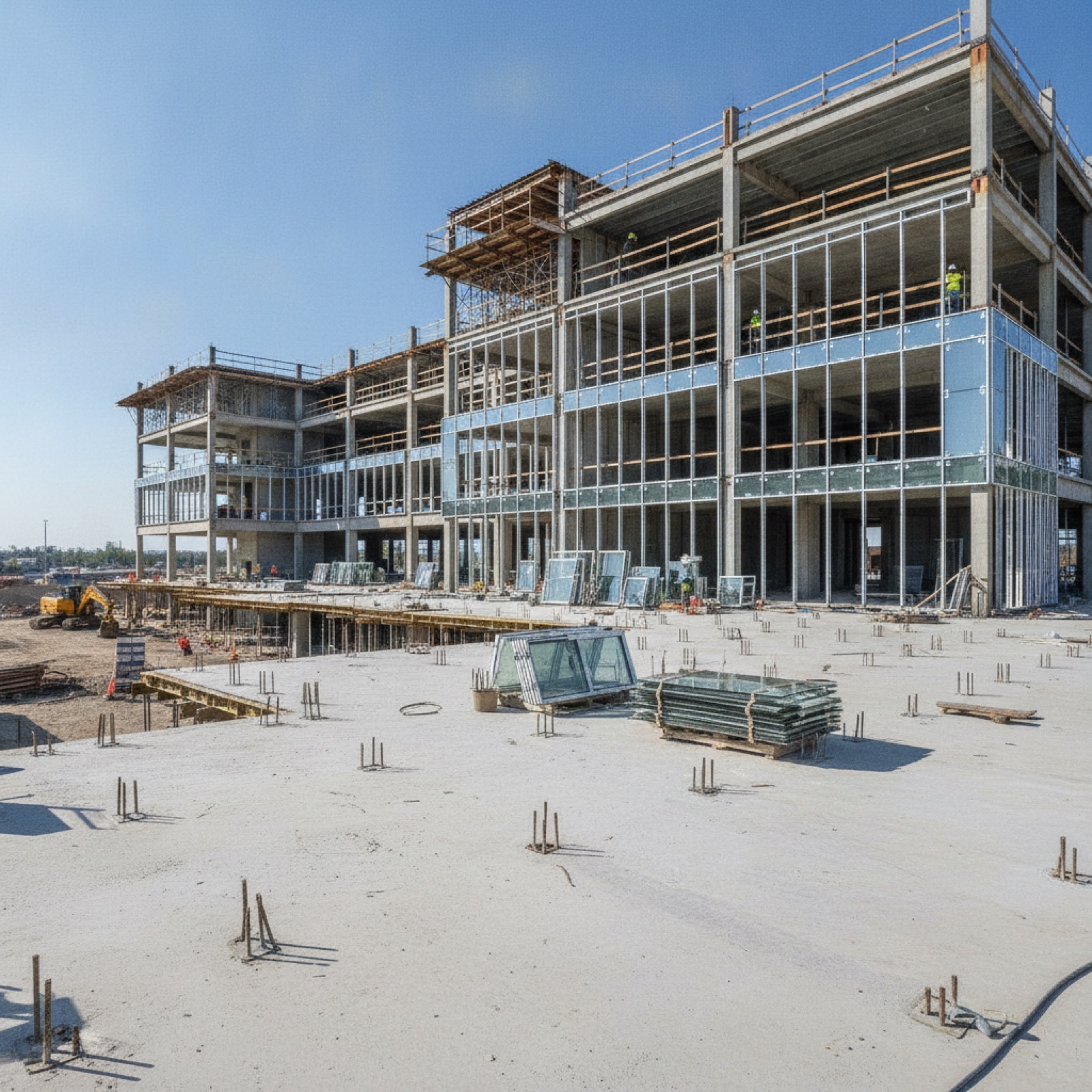 Commercial construction site with incomplete glazing showing scope gap areas