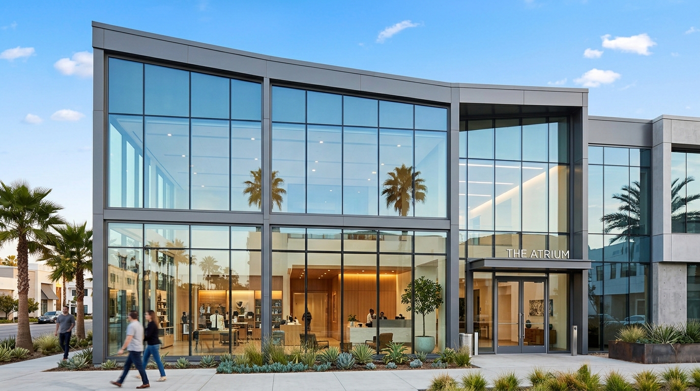 Sleek commercial storefront in Southern California, showcasing various glass types for energy efficiency, light, and modern