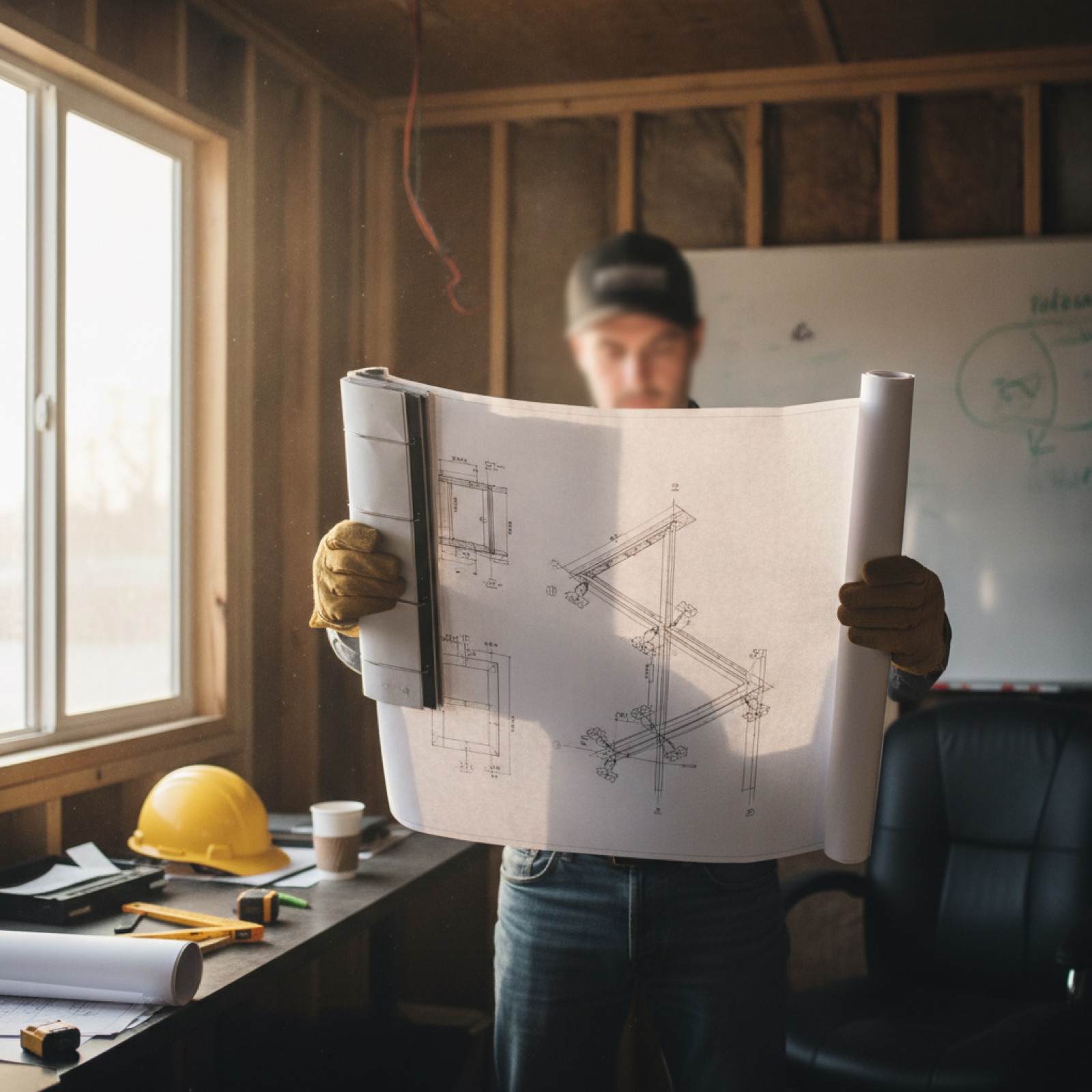 Glazier professional reviewing technical specifications and structural drawings