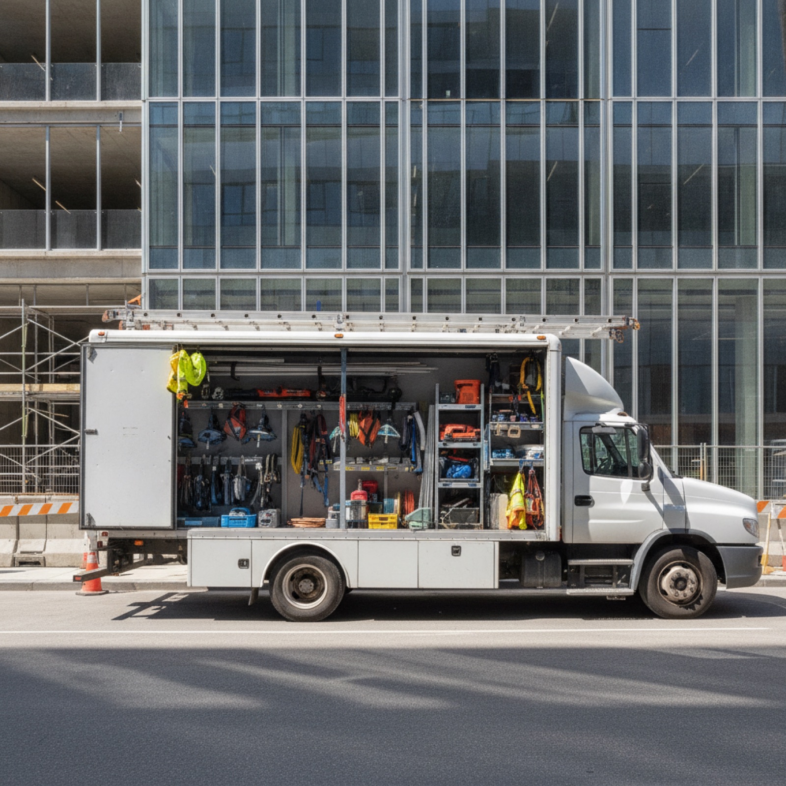 Professional glazing contractor equipment and mobile installation unit on jobsite