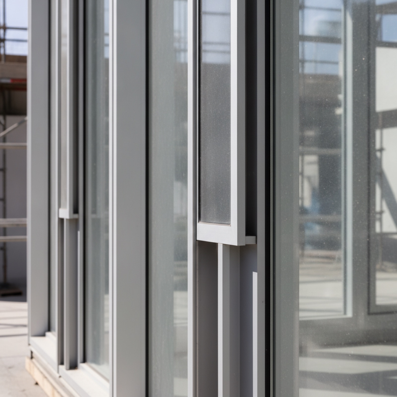 Multiple glazing system types displayed in architectural mock-up for comparison