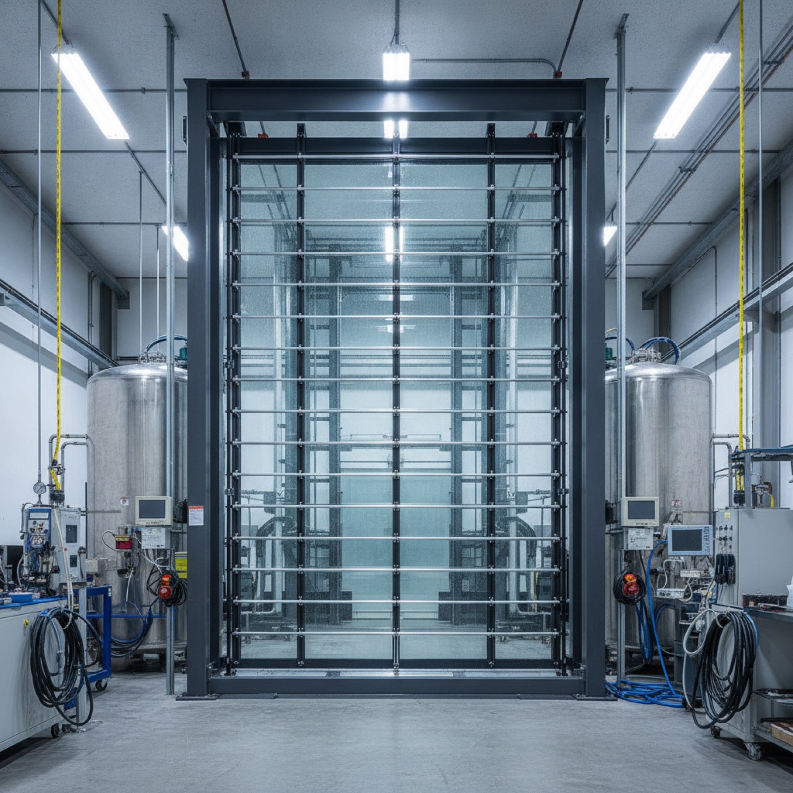 Full-scale curtain wall mock-up in commercial testing laboratory with water spray frame