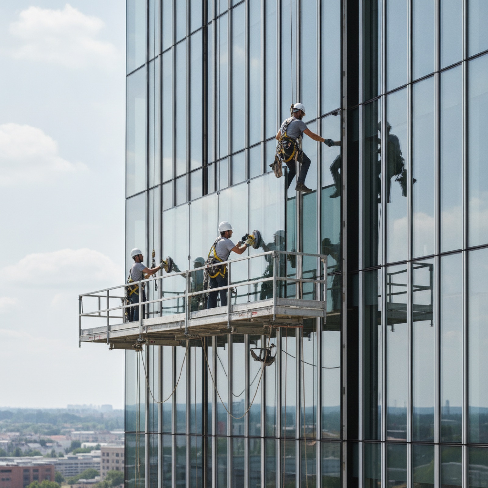 Skilled glaziers installing commercial glass on high-rise curtain wall scaffold
