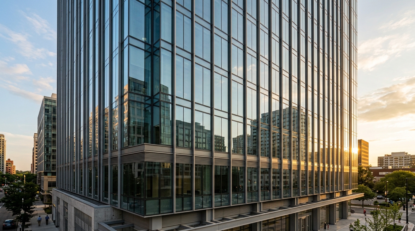 Sleek modern high-rise building with a flawlessly installed glass curtain wall, reflecting quality and professional glazing