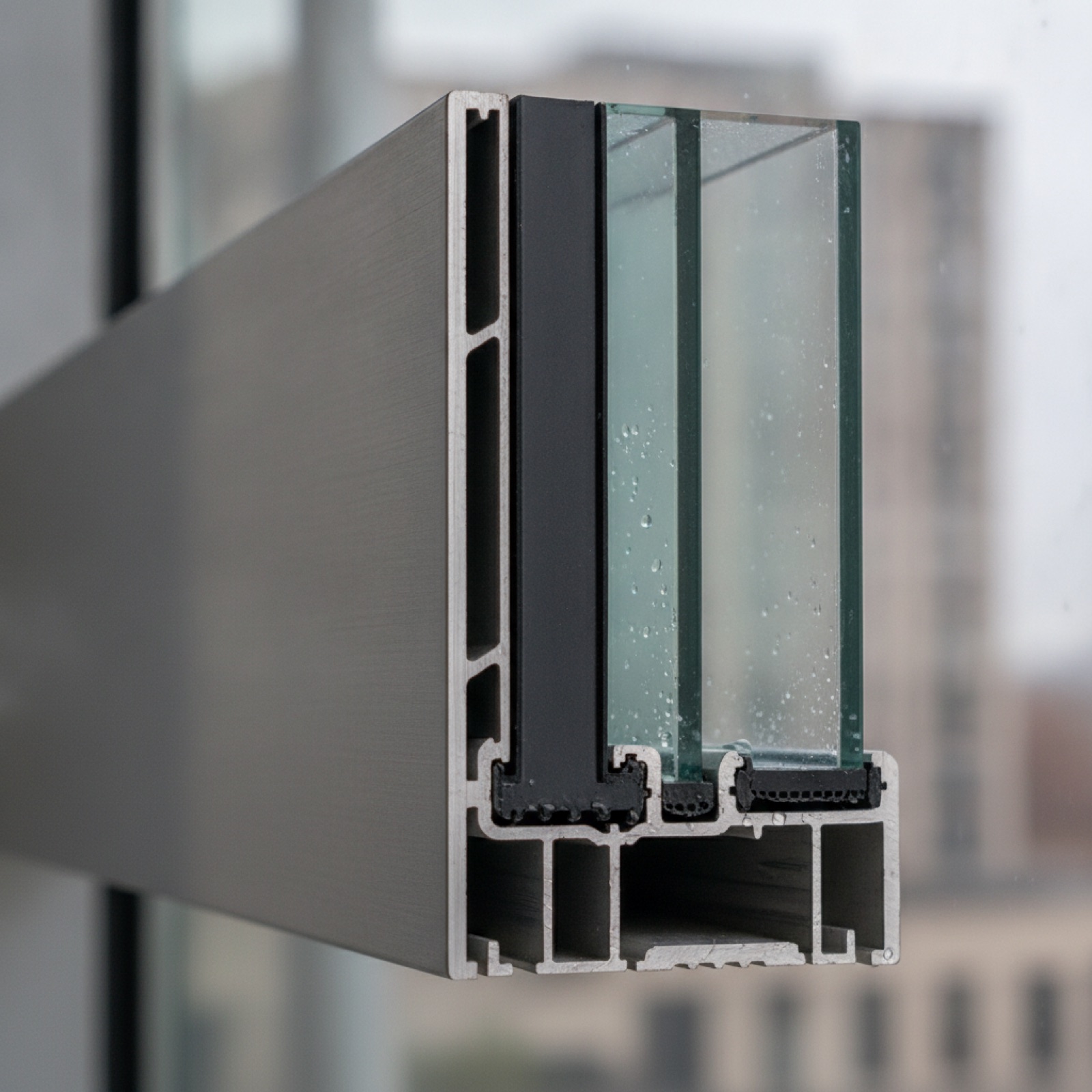Side profile of aluminum storefront mullion showing thermal break and glazing depth configuration
