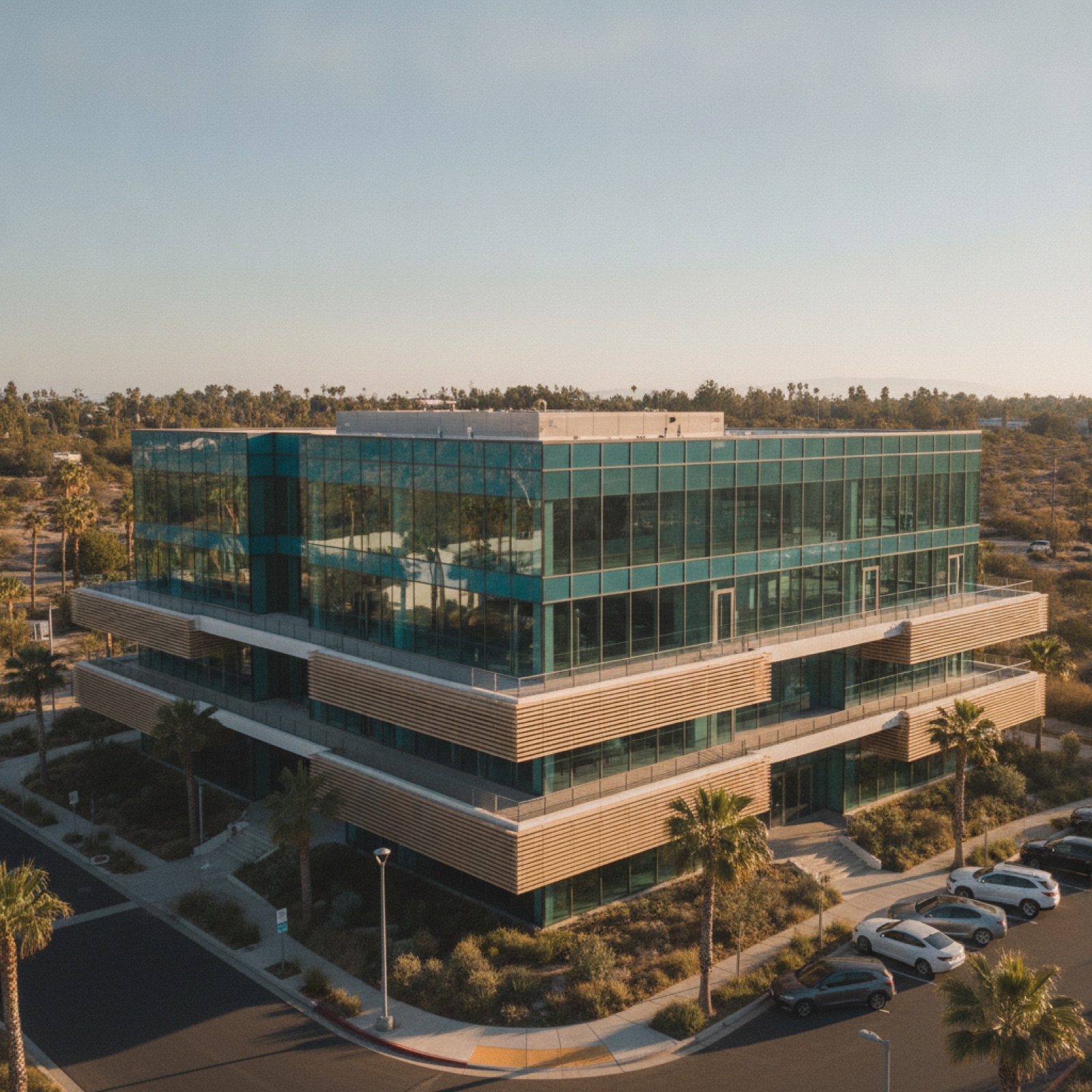 Commercial building facade with extensive south-west glazing showing solar heat-gain control performance