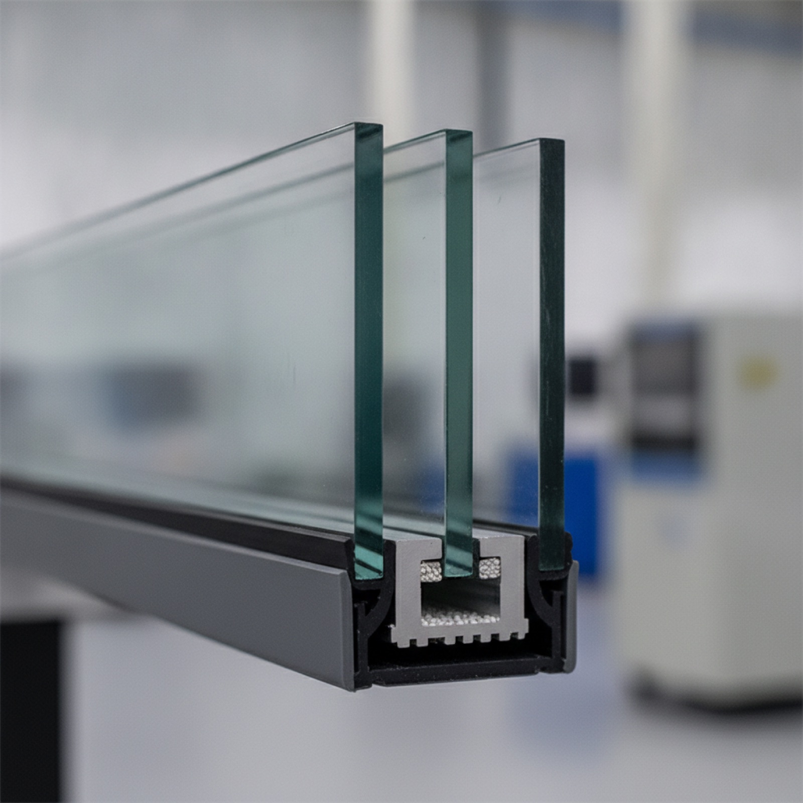 Insulating glass unit edge detail showing spacer, gas fill, and Low-E coating layers