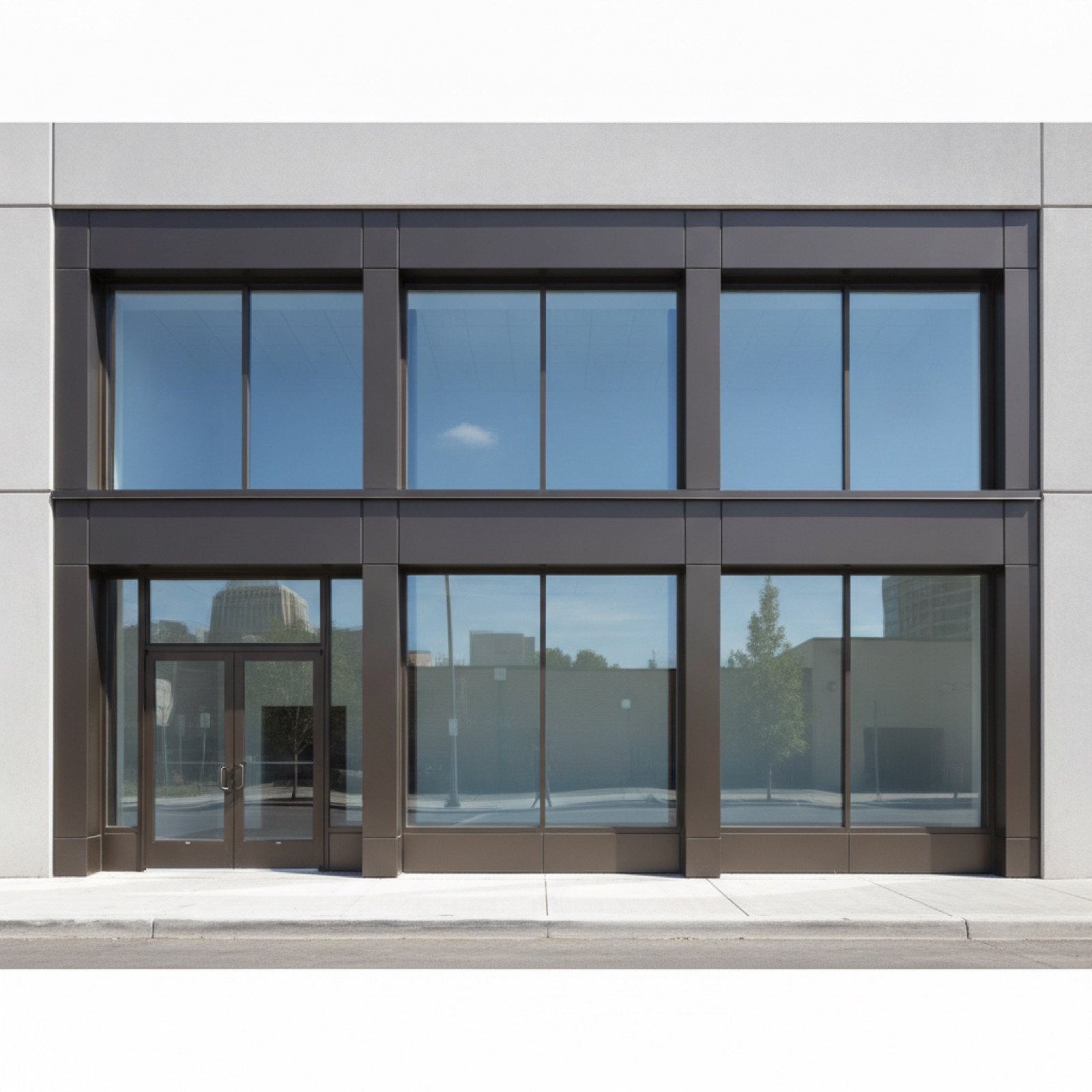 Commercial storefront facade with finished PVDF aluminum framing in uniform color and sheen