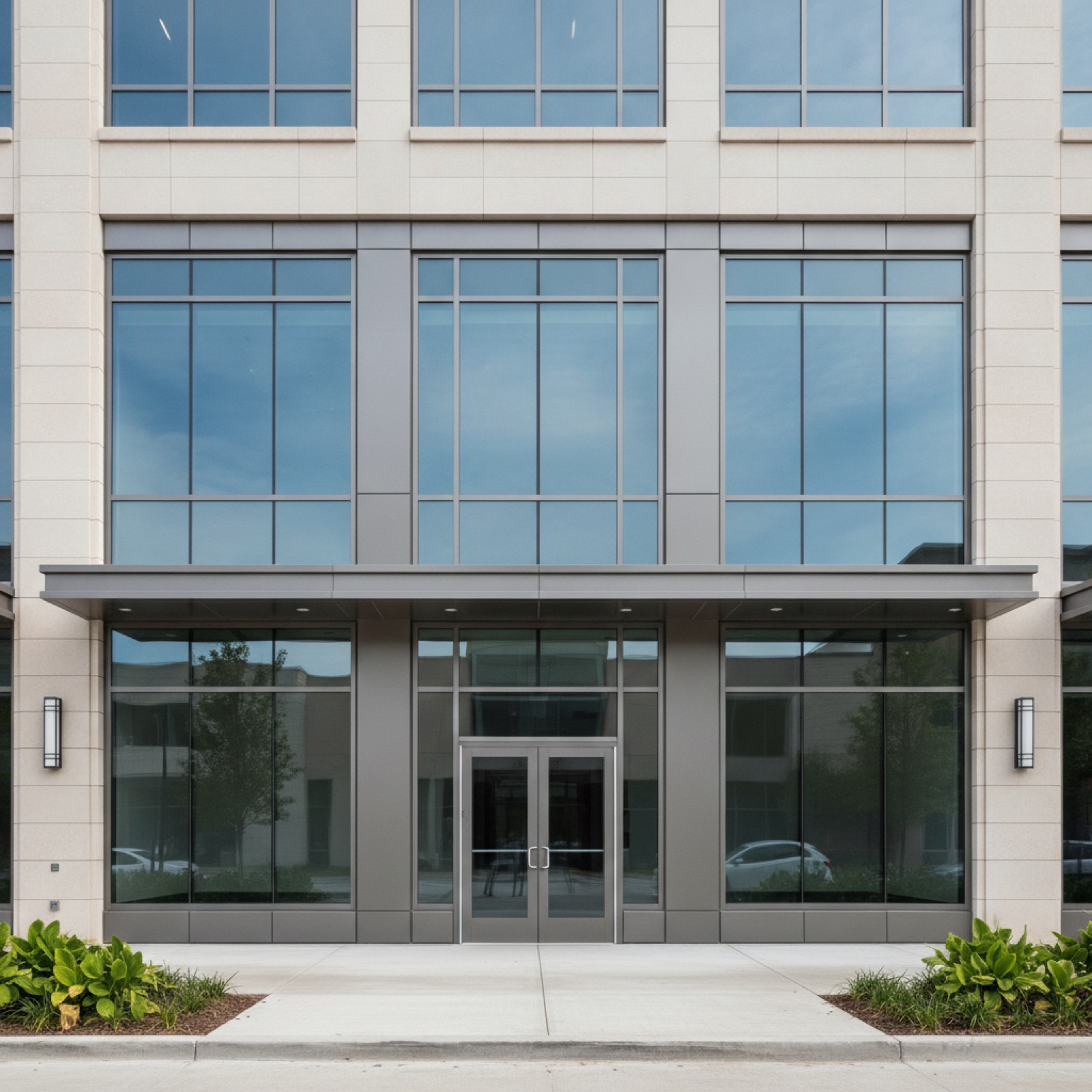Completed commercial storefront installation with finished glazing and aluminum framing system