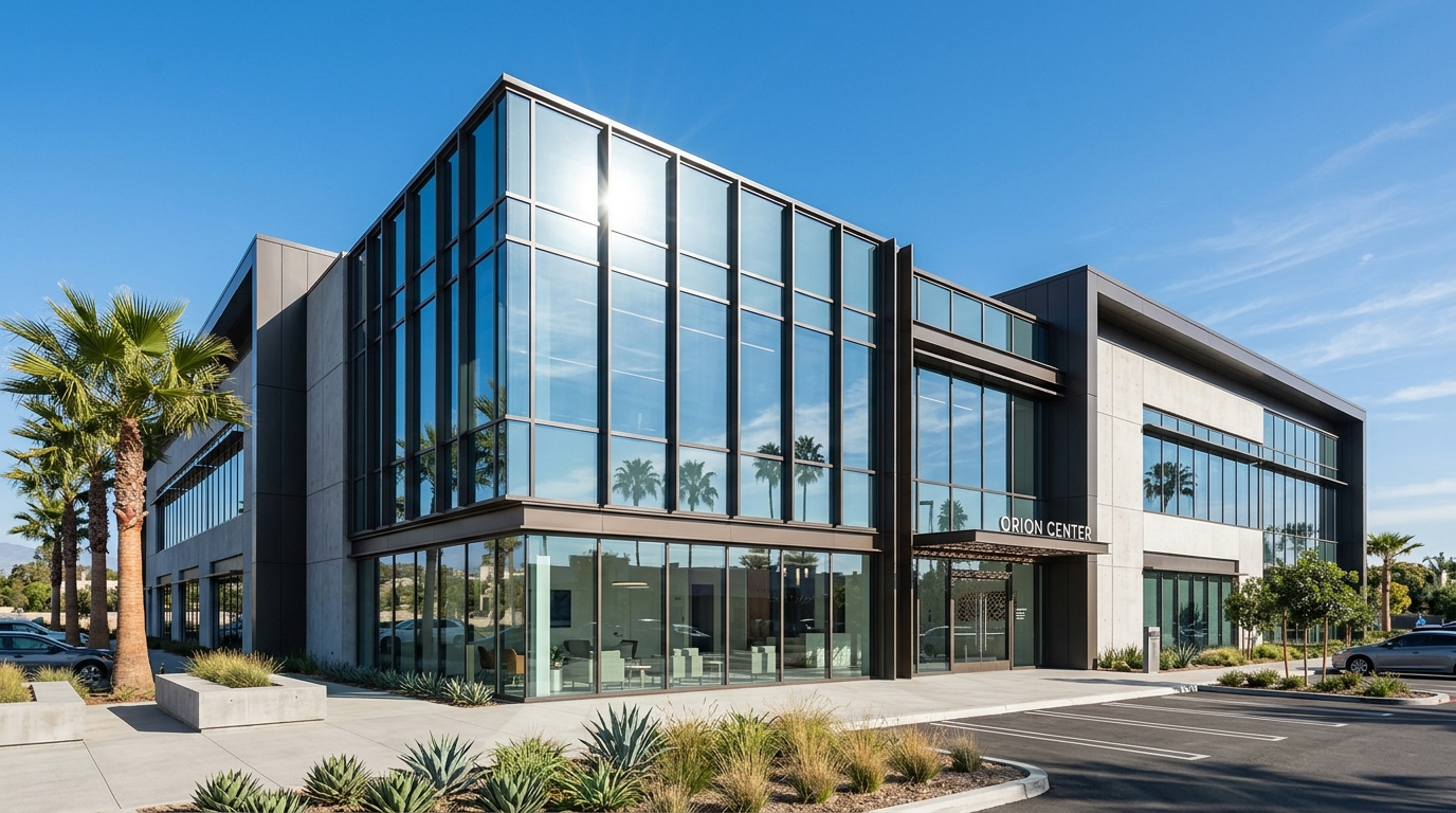 Modern commercial building facade in California, showcasing Title 24 compliant glazing for energy efficiency and solar