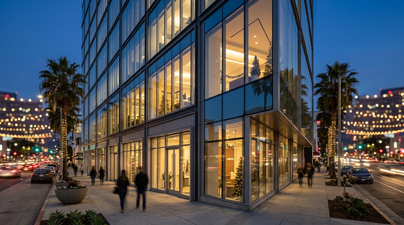 Modern commercial building facade with glass curtain walls and storefronts by Ramos Industries, subtly lit for the holidays.