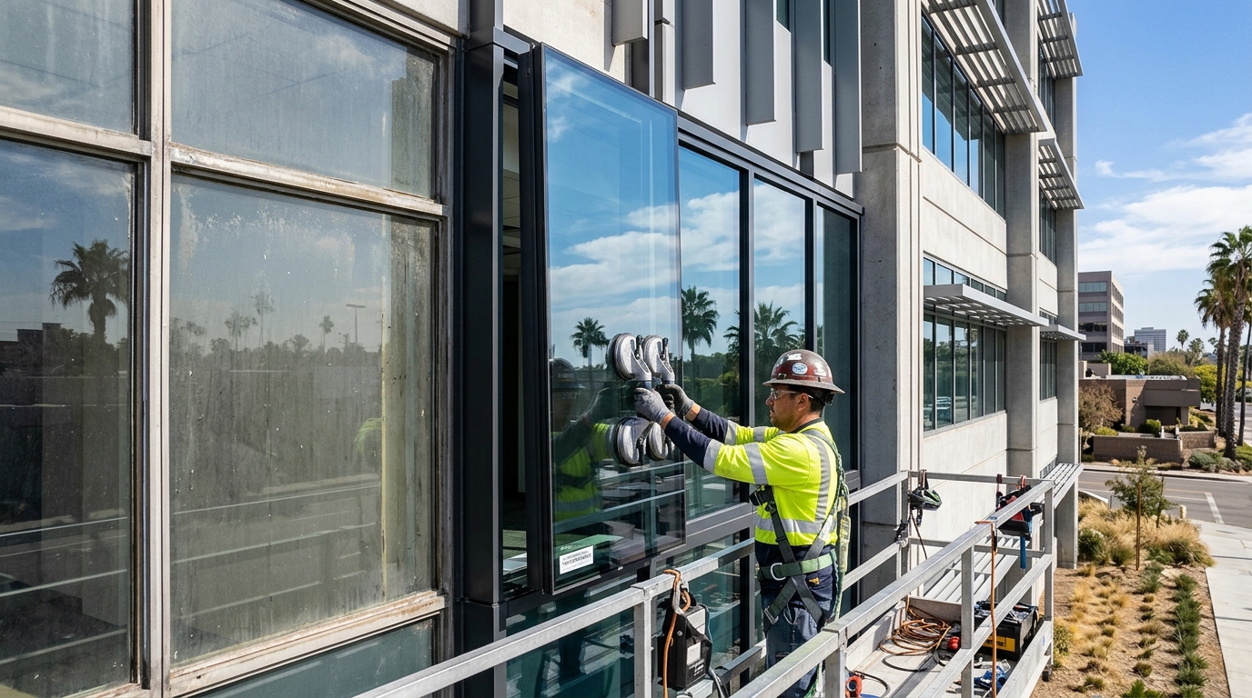 Glaziers installing new, high-efficiency glass into an existing commercial building facade, showcasing a modern retrofit