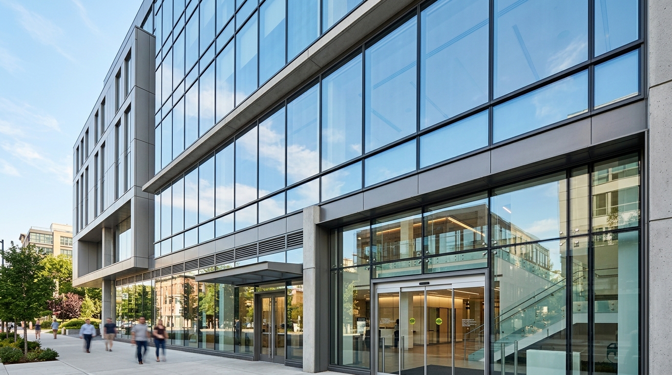 Modern commercial building facade showcasing diverse safety glazing: storefronts, curtain walls, and interior glass