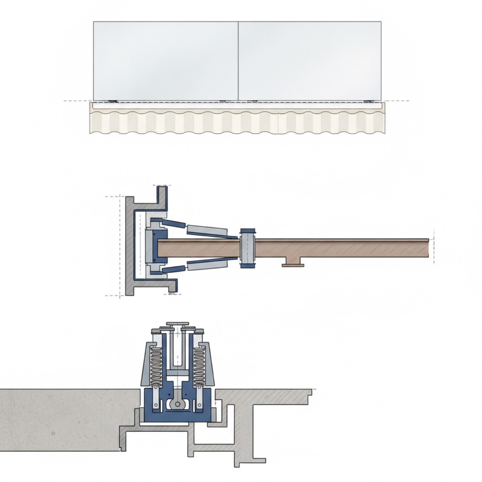Seismic-rated curtain wall details showing movement-allowing anchors and flexible connections