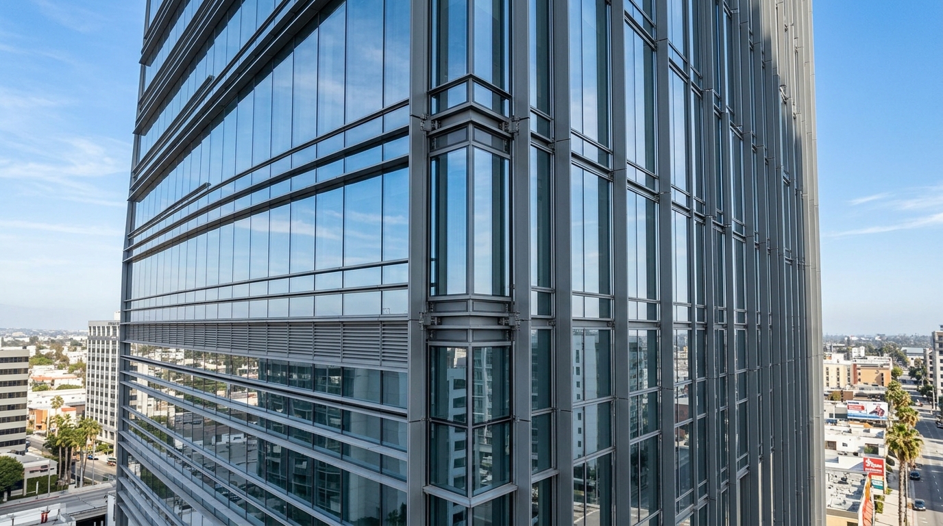 Modern high-rise building in Southern California with a glass curtain wall, designed for seismic resilience and wind