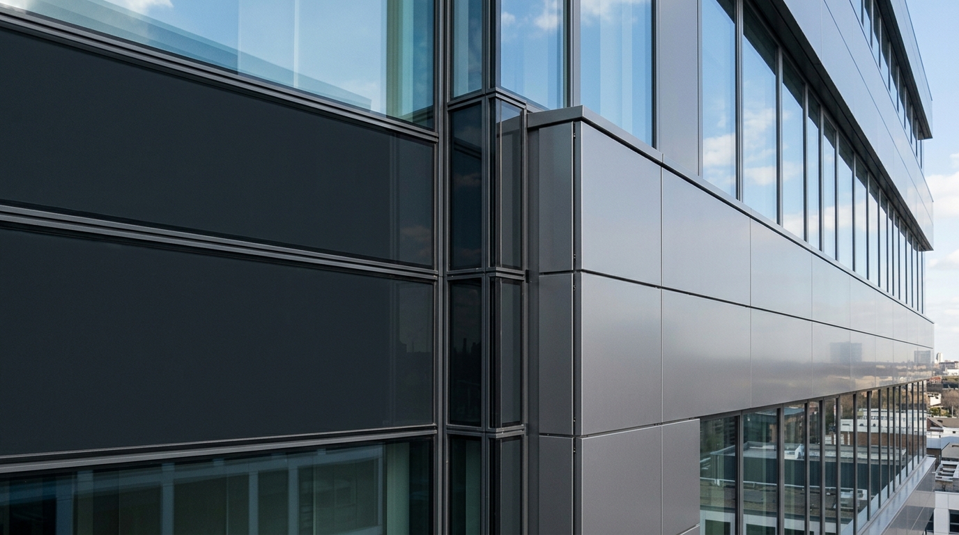 Modern commercial building facade with integrated spandrel glass and aluminum composite panels, highlighting their seamless