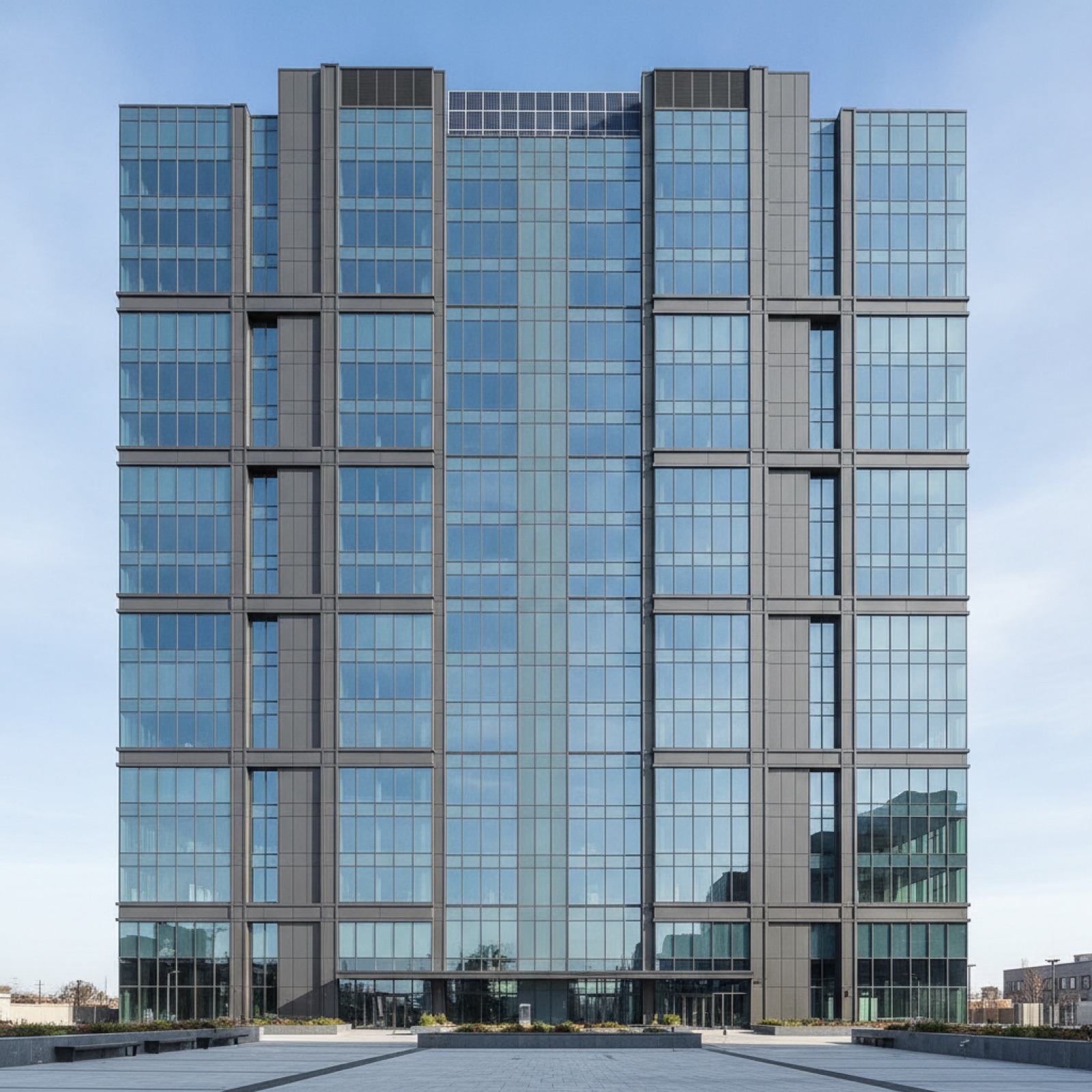 Completed high-rise facade demonstrating integrated spandrel glass and ACM panel installation