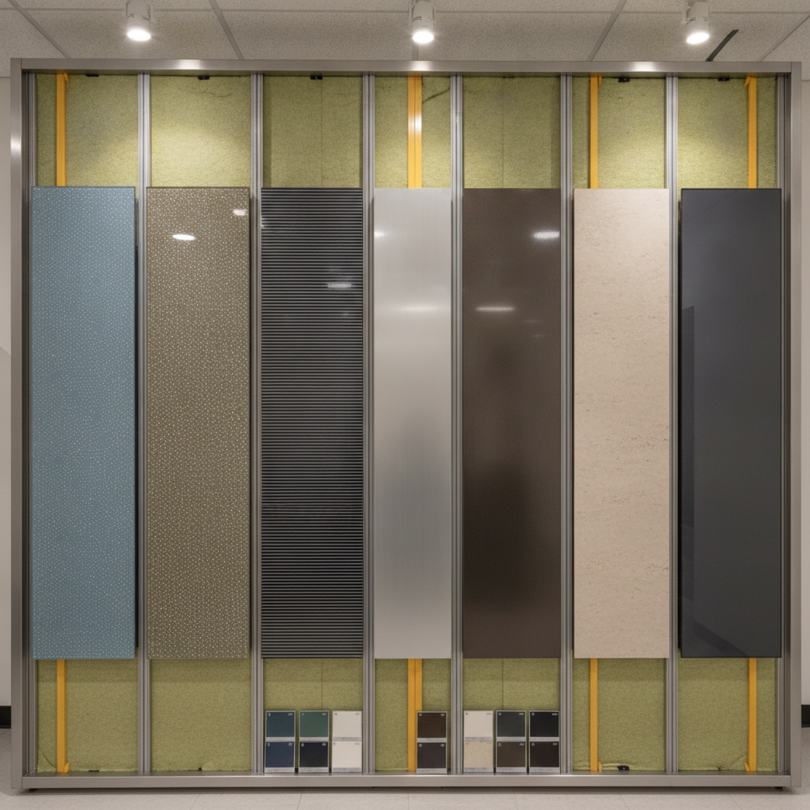 Material samples showing spandrel glass and ACM panel finish options for facade submittal