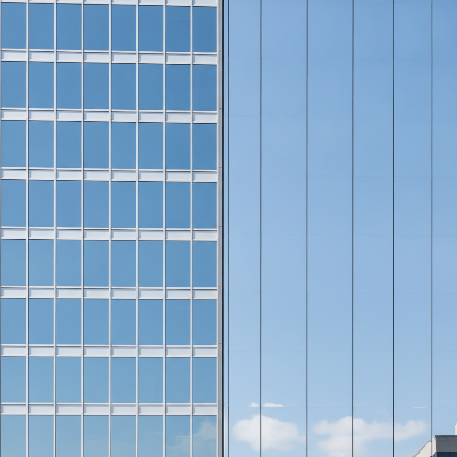 Facade comparison showing captured glazing with aluminum caps versus flush structural silicone glazing