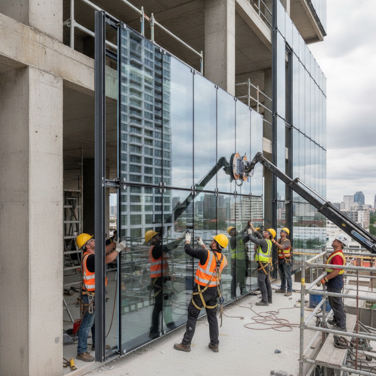 Glaziers installing structural silicone glazed curtain wall section on active commercial jobsite