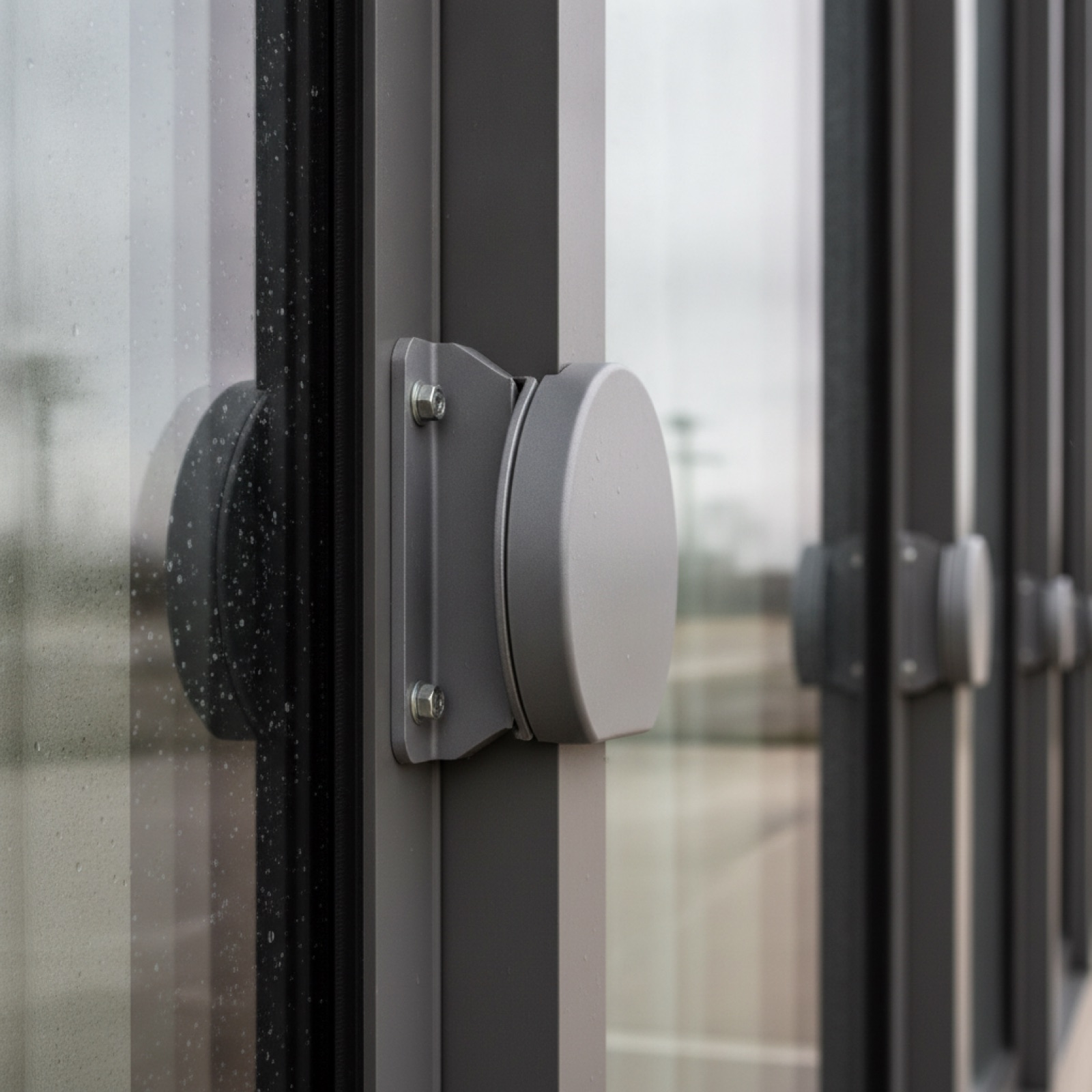 Captured glazing system with visible aluminum pressure plate retaining insulating glass unit in mullion frame