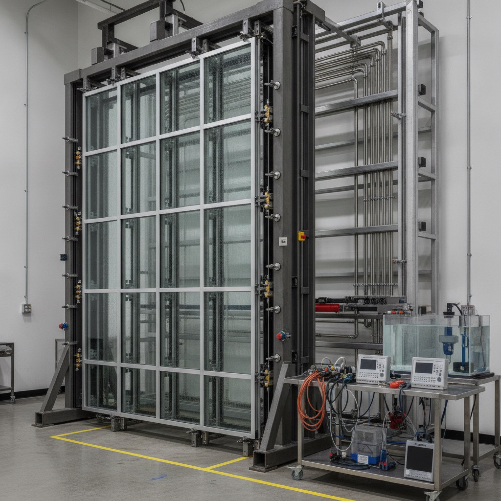 Curtain wall mock-up assembly undergoing water penetration testing in laboratory setting