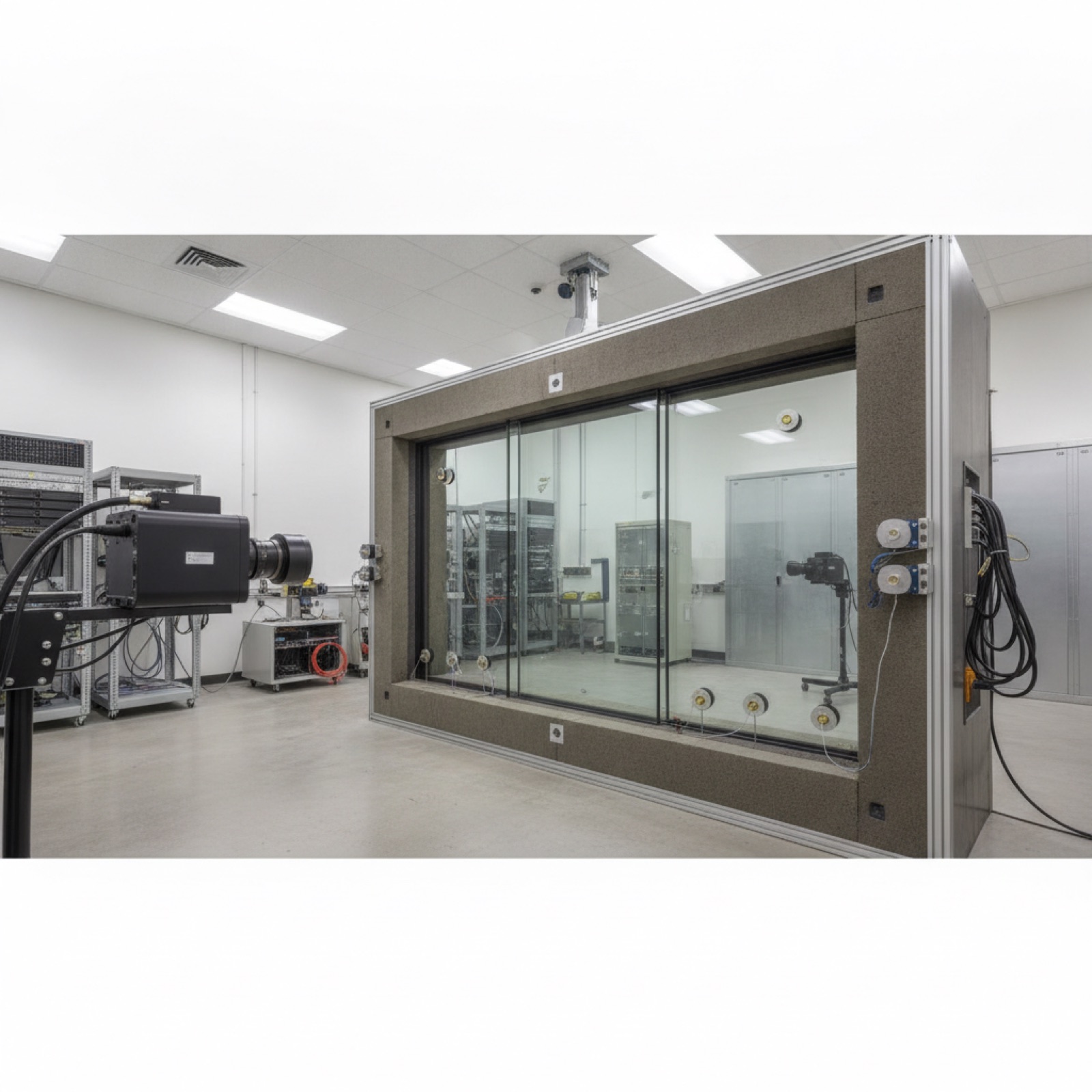 Laboratory thermal-performance test apparatus with measurement instrumentation around a glazing assembly