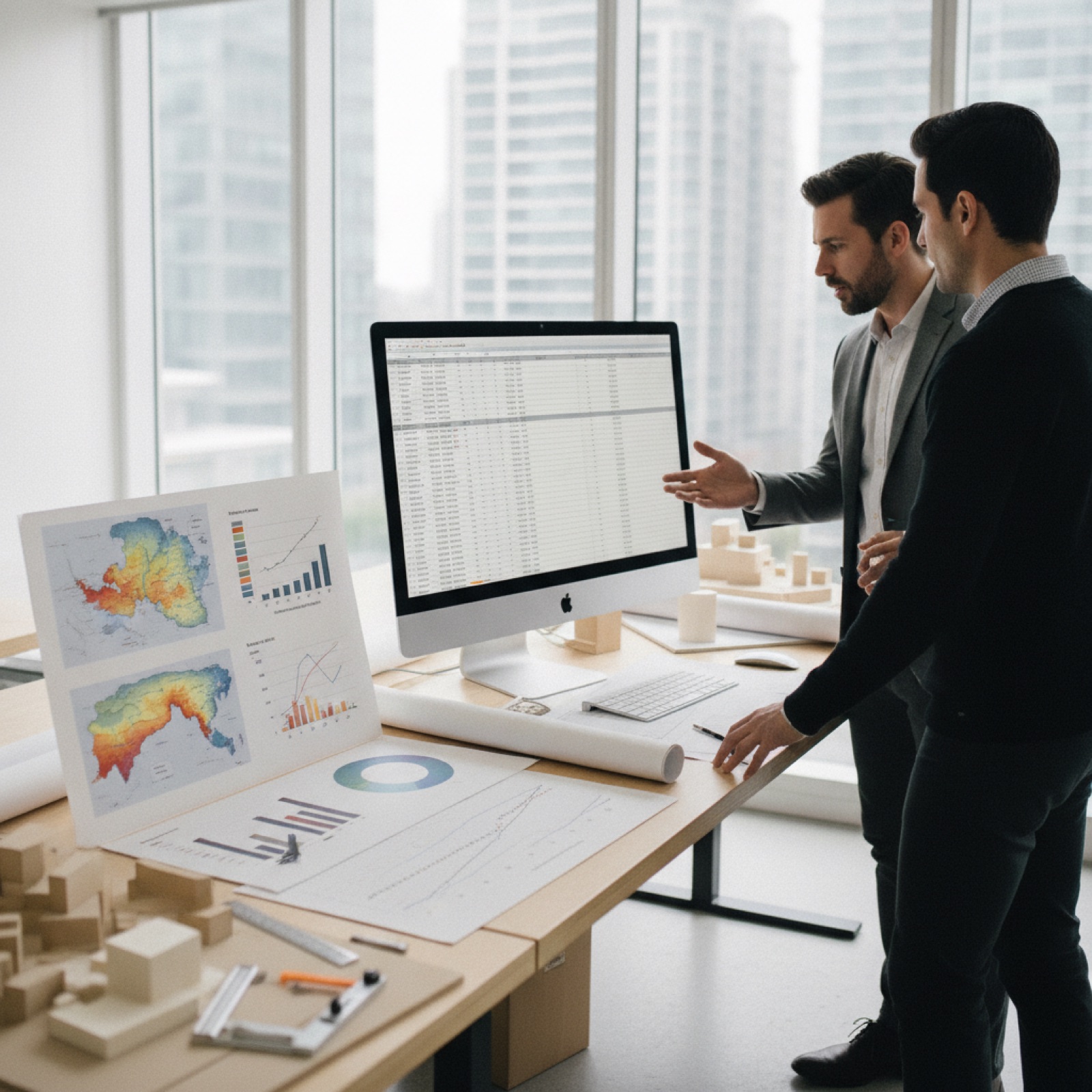 Architect's workstation with Title 24 energy compliance analysis documents and climate-zone references