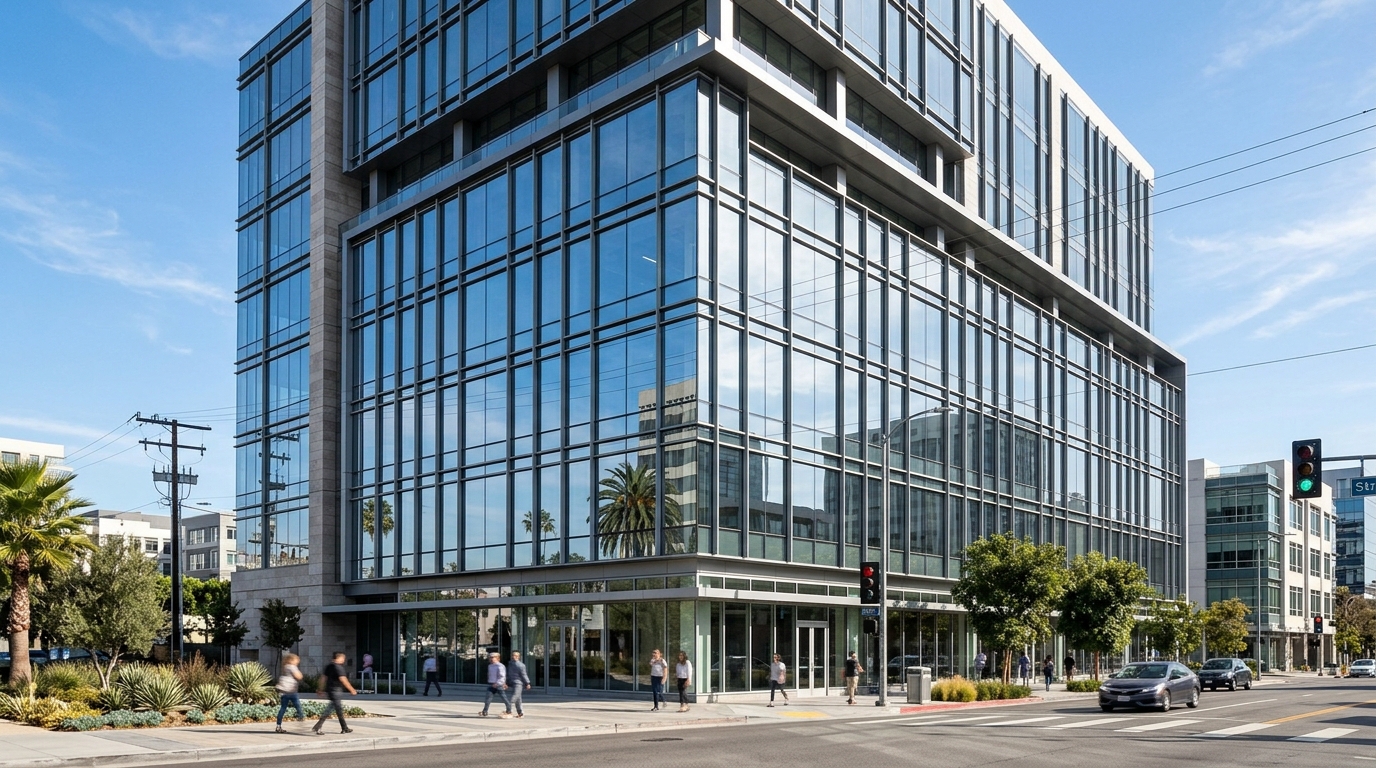 Modern commercial building in Southern California/Arizona with sleek Low-E glass curtain walls reflecting the sun