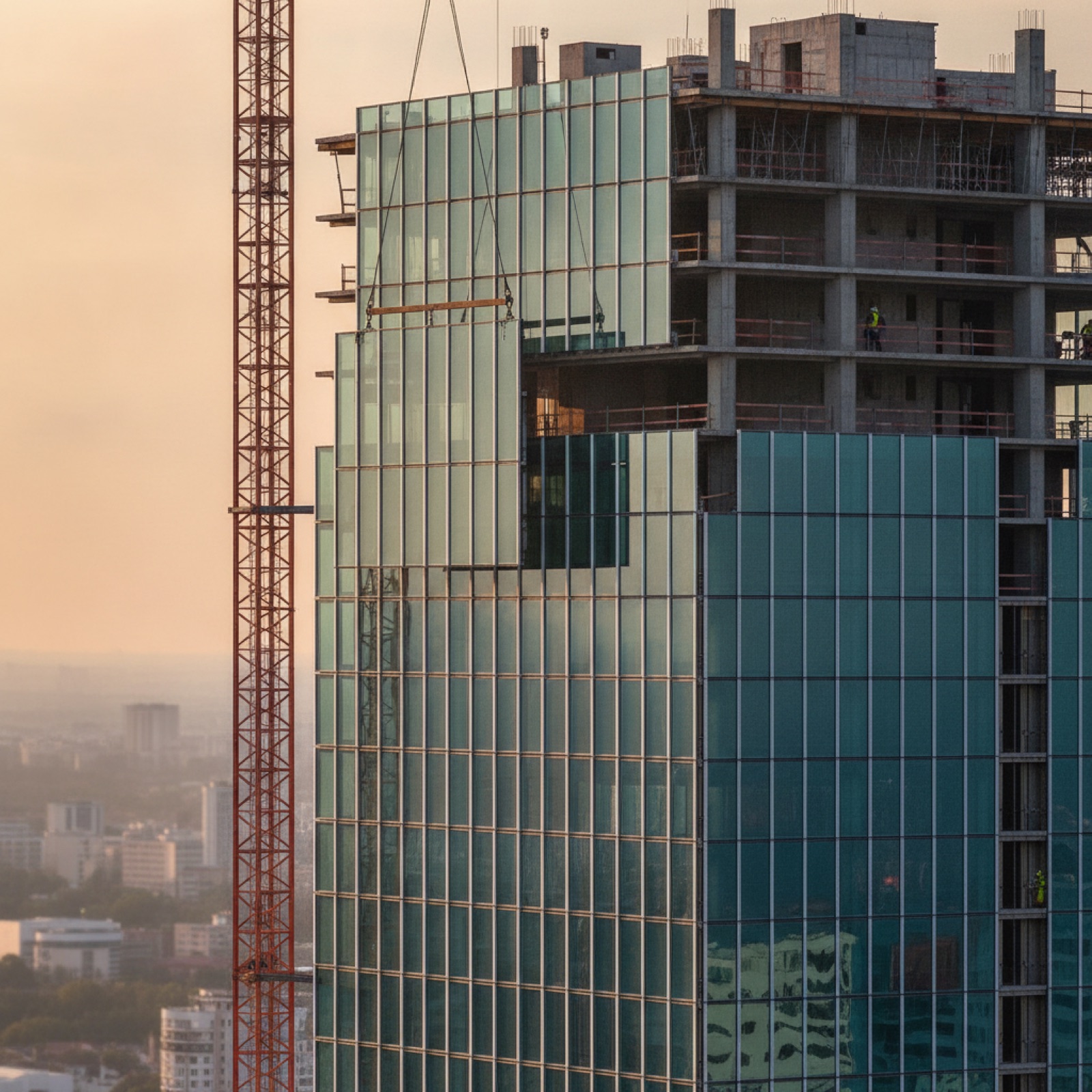 Crane hoisting pre-glazed unitized curtain wall panel for rapid facade installation on high-rise