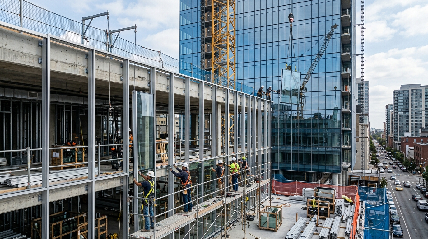 High-rise building with crane installing unitized panels, contrasted with mid-rise building with workers on scaffolding