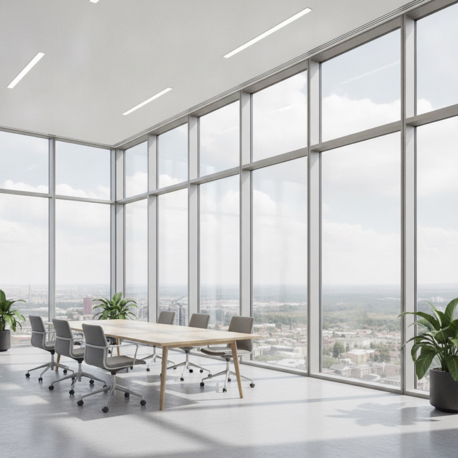 Interior view of installed curtain wall with daylight and clean mullion lines visible from within