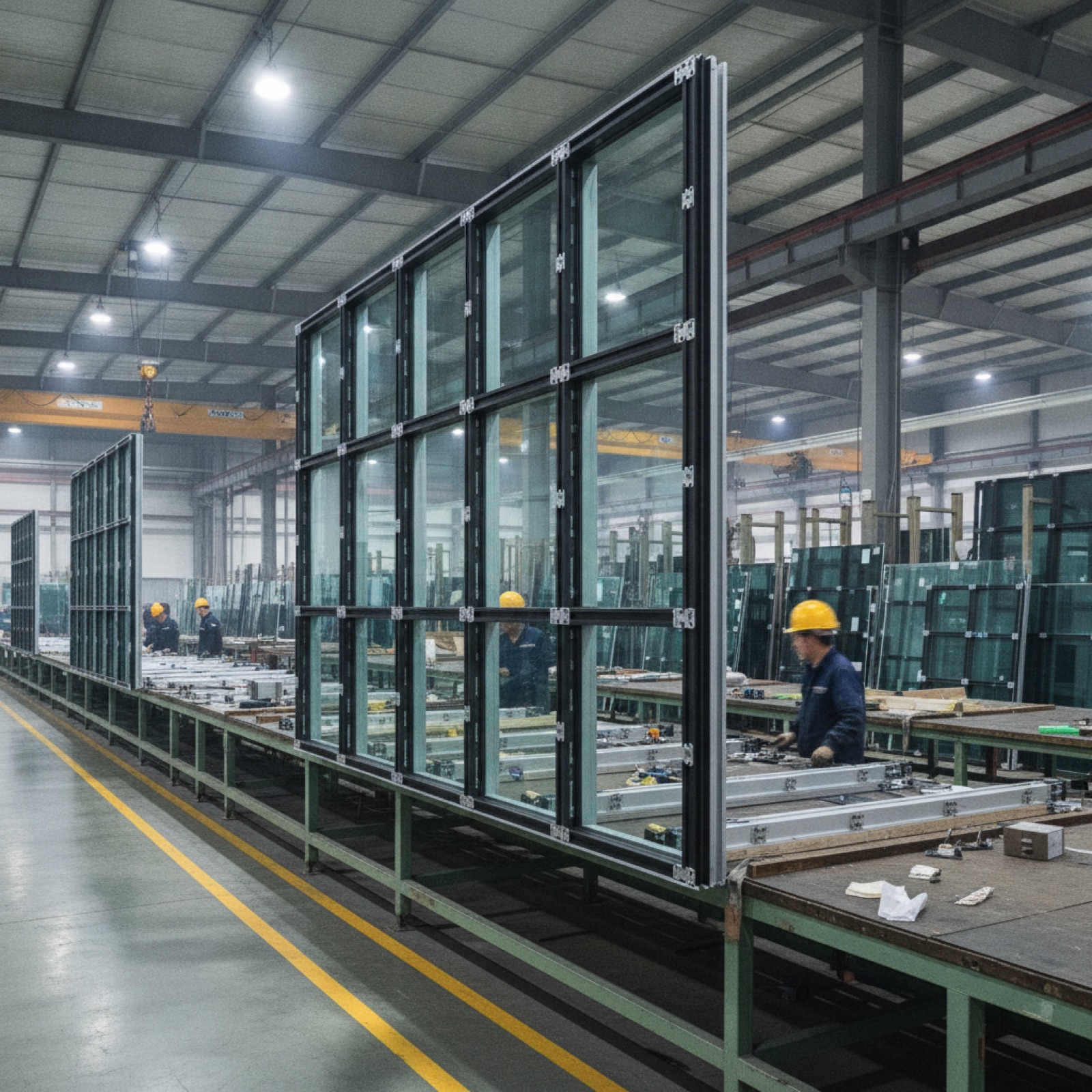 Pre-glazed unitized curtain wall panel on factory assembly table, fully integrated with glass and framing