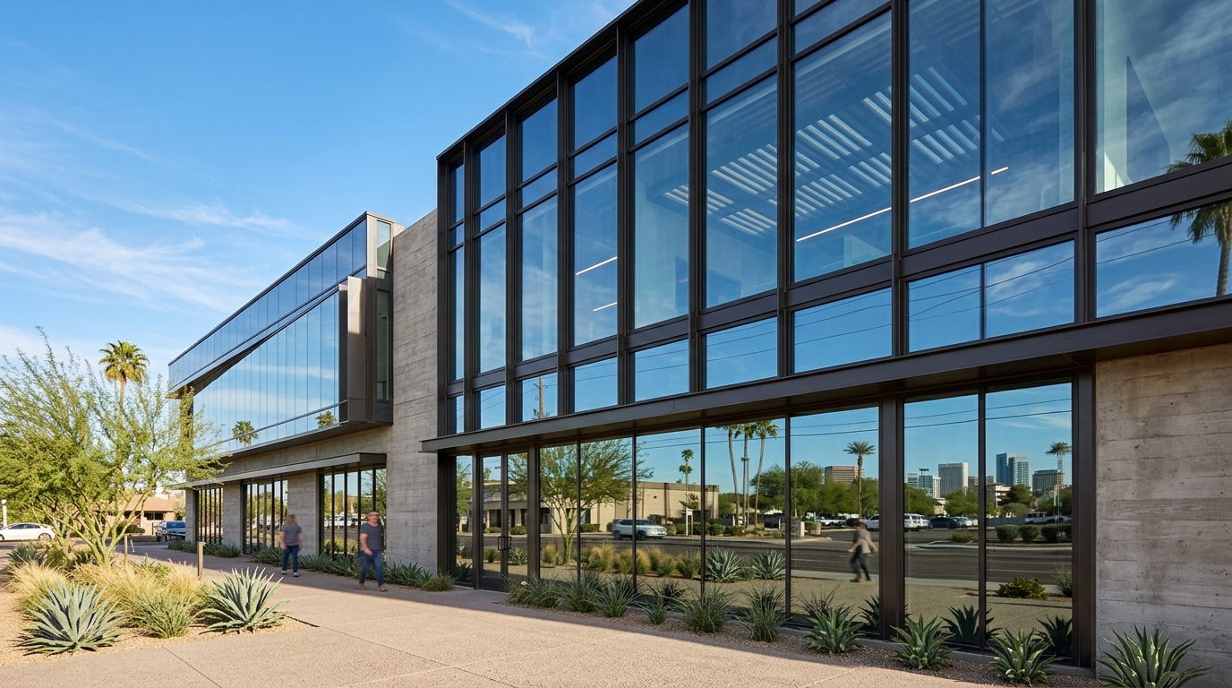 Modern commercial building with sleek, energy-efficient glass facade reflecting a bright sky, symbolizing Title 24