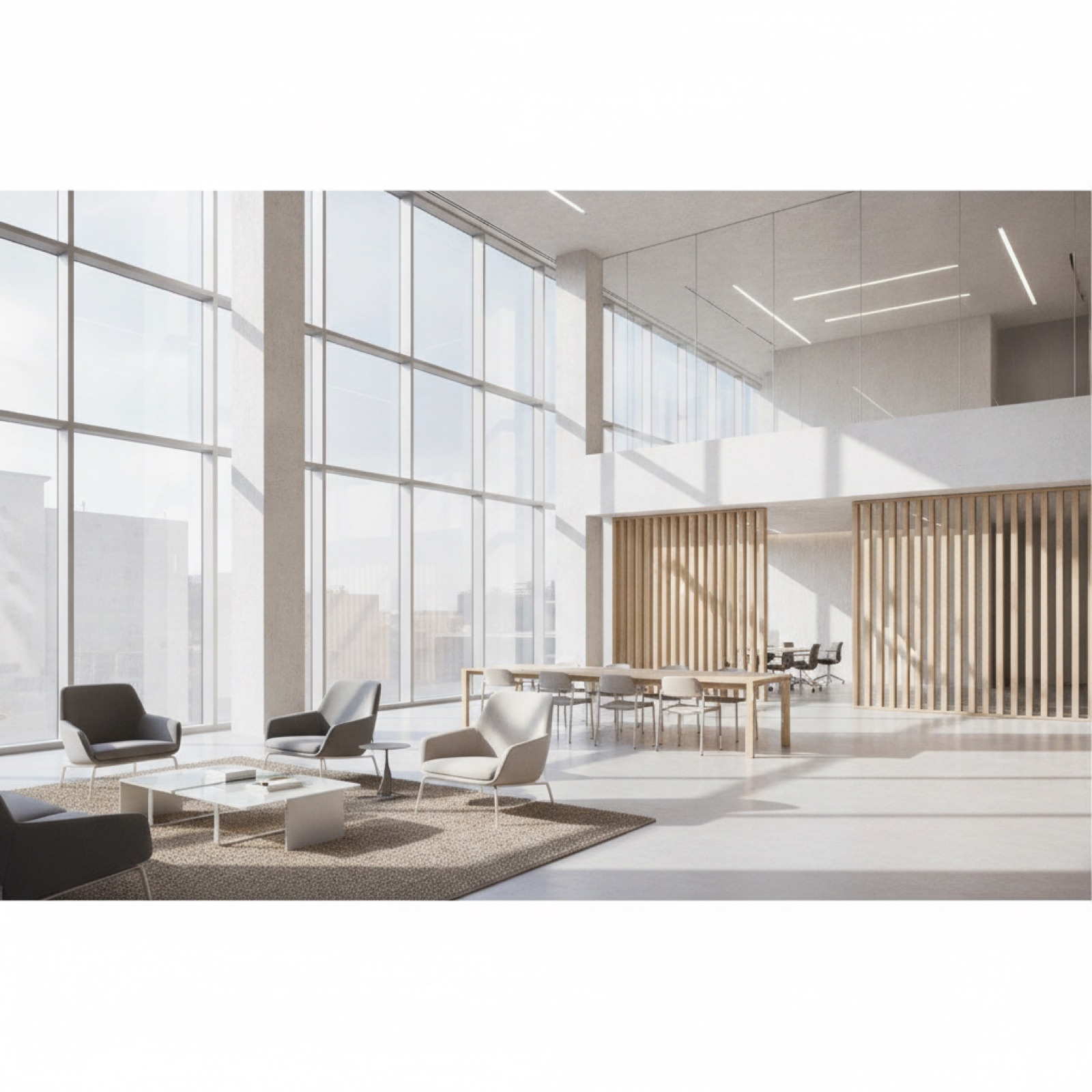 Commercial interior with optimal daylighting from high-performance glazing system