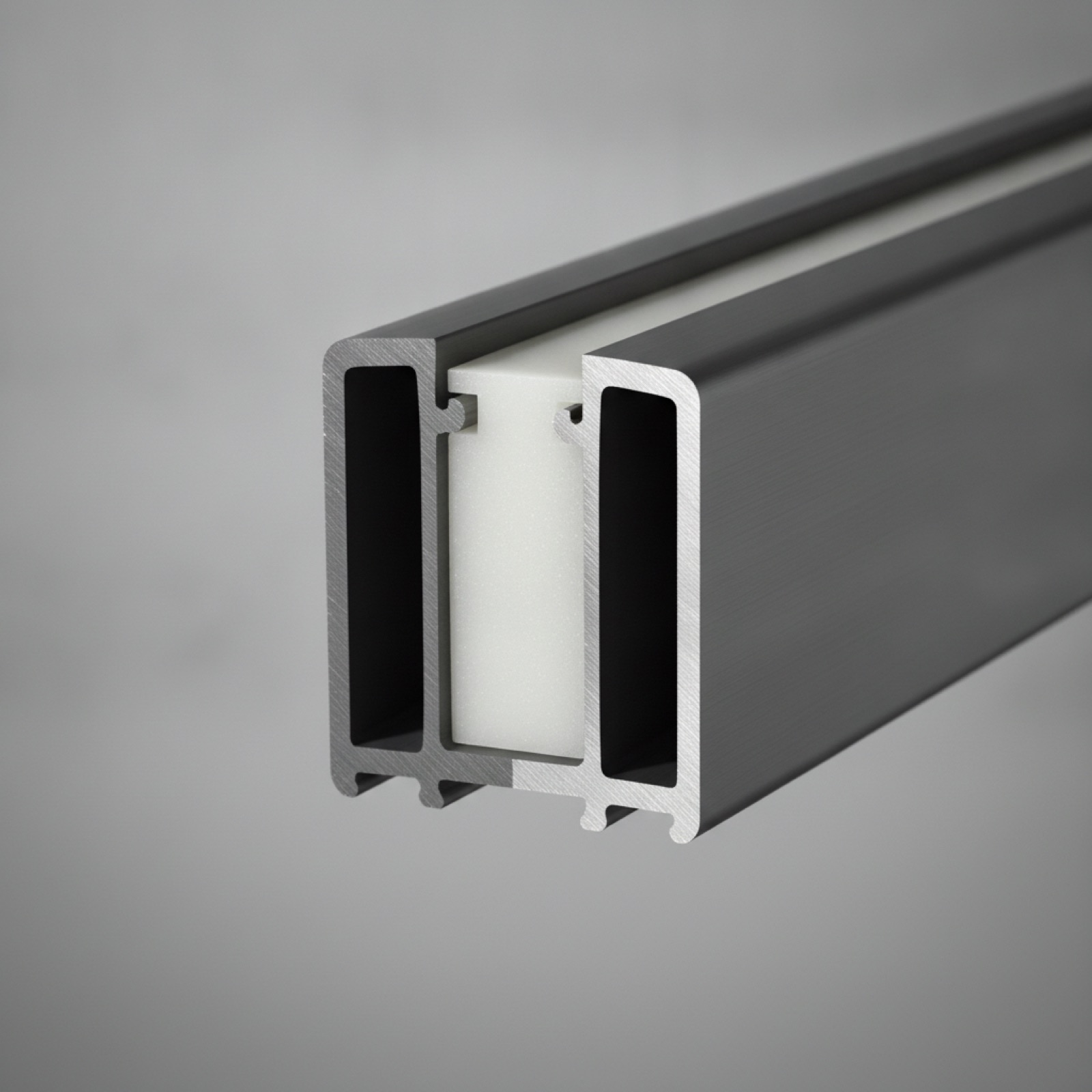 Thermal-break aluminum framing cross-section showing polyamide insulation strut
