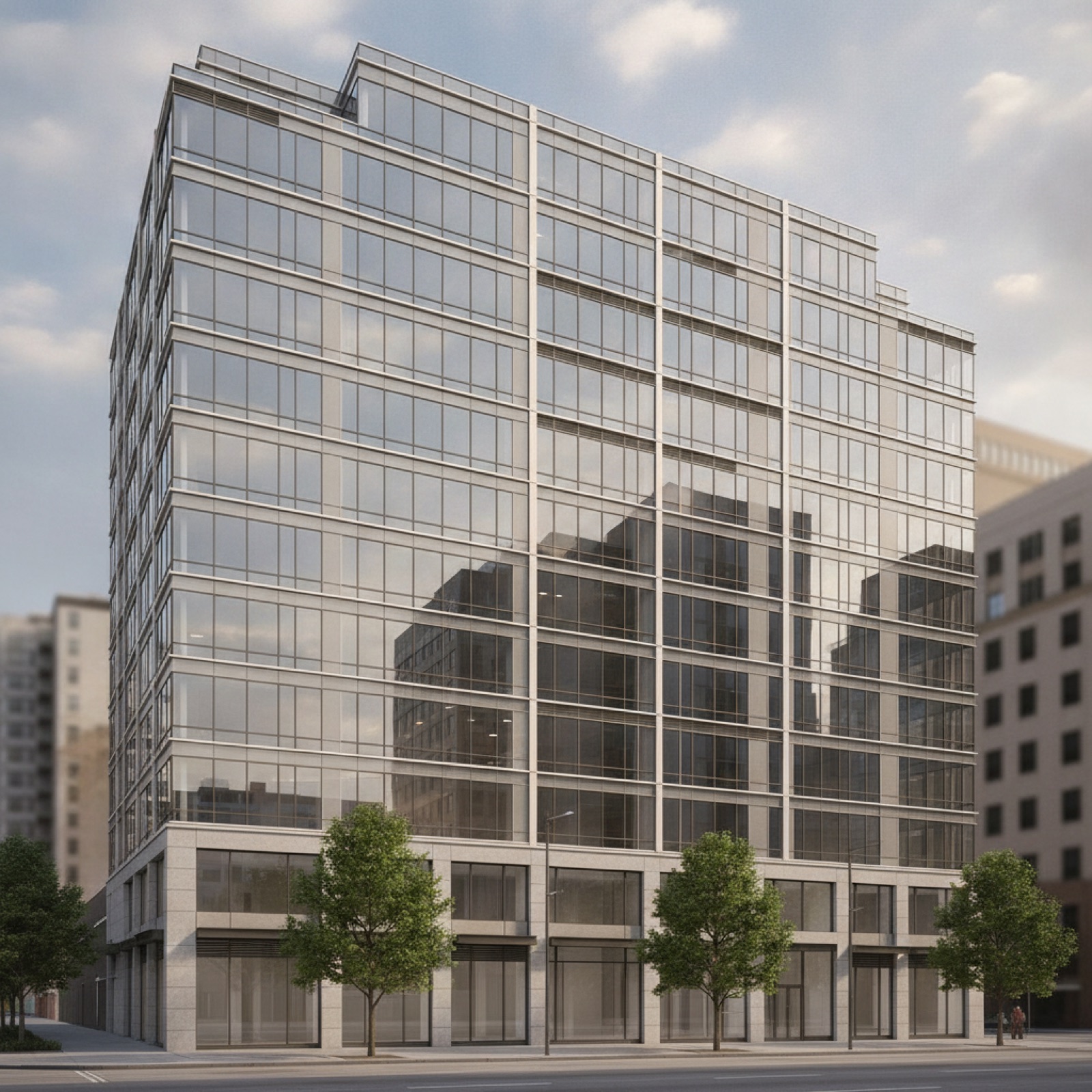 Mid-rise commercial building with value-engineered glazing system and clean facade aesthetics