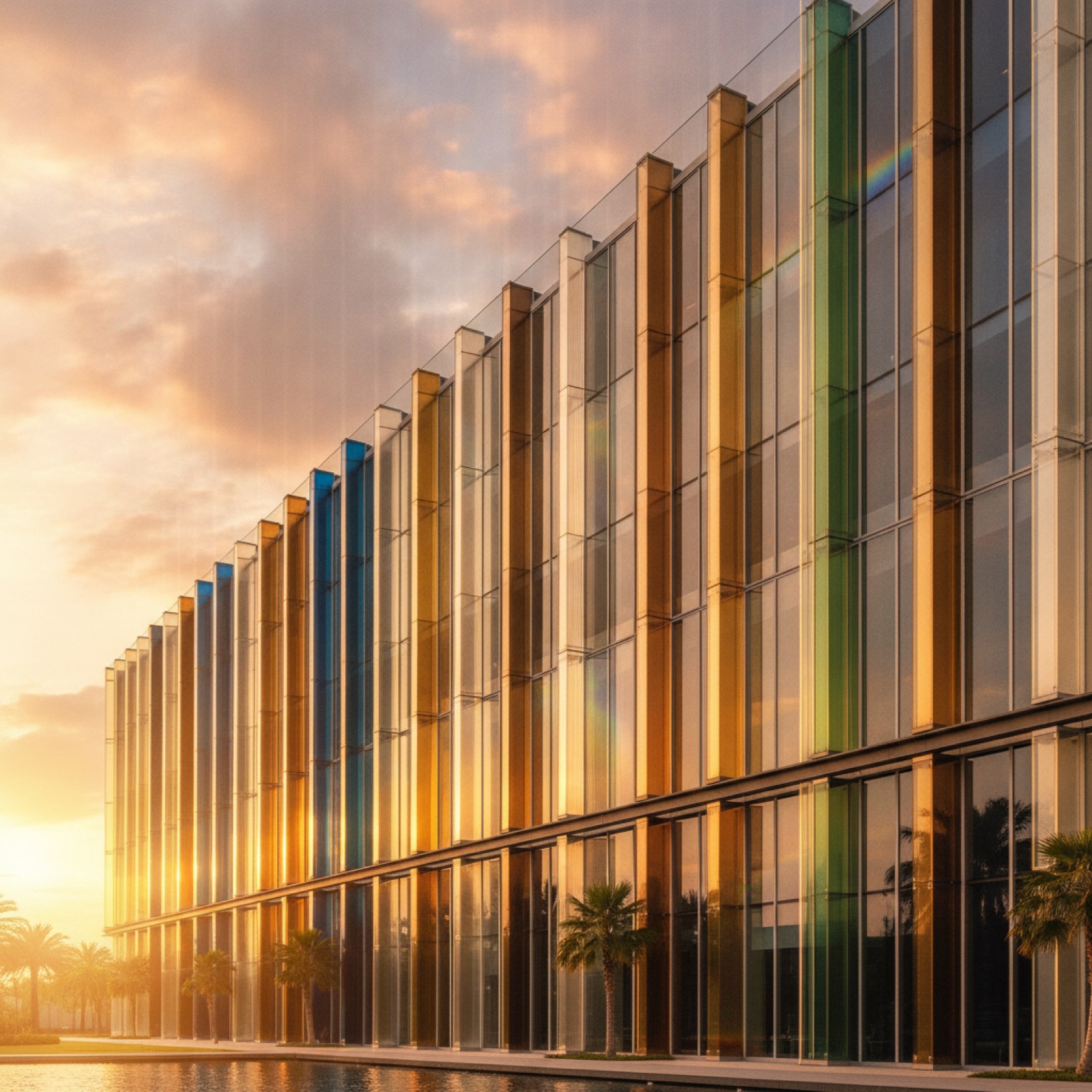 Commercial facade demonstrating different glass tints and Low-E coating performance variations