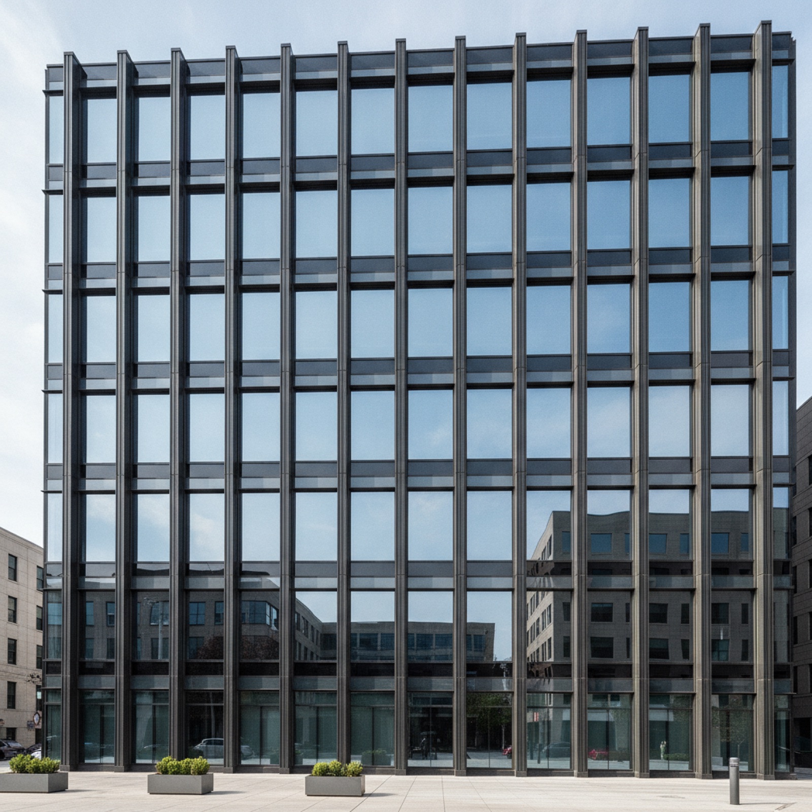 Commercial facade with standardized repeating glazing modules for cost efficiency