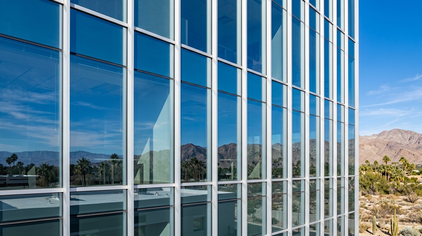 Modern commercial building facade with a sparkling, well-maintained glass curtain wall under a bright Southern California