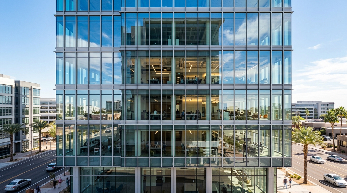 Modern commercial building facade with energy-efficient Insulated Glass Units (IGUs) reflecting the sky, showcasing