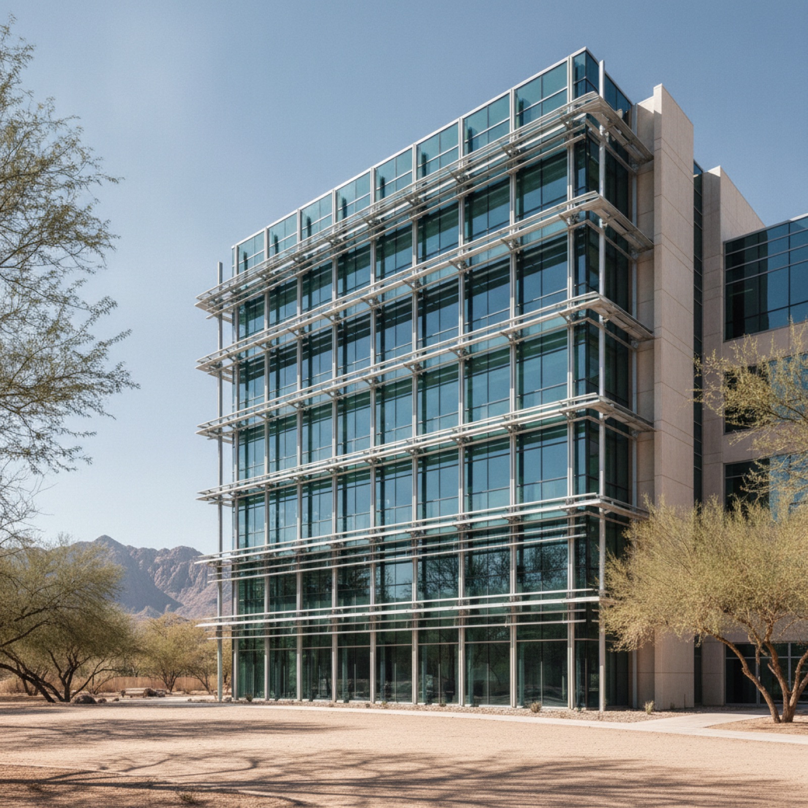 Commercial facade in high-solar climate optimized with low-SHGC glazing and thermal breaks