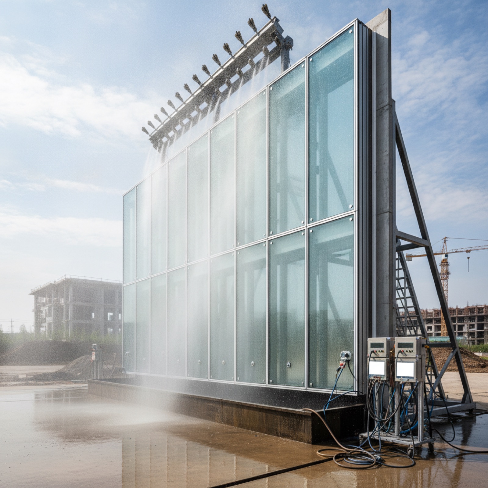 Field water-spray testing apparatus applying calibrated pressure to curtain wall mock-up sample
