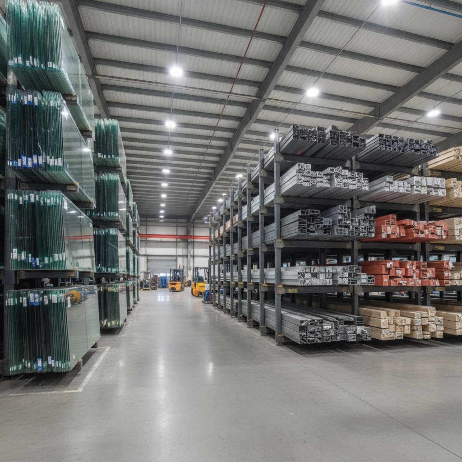Commercial glass and aluminum material inventory showing multiple finish types and color options